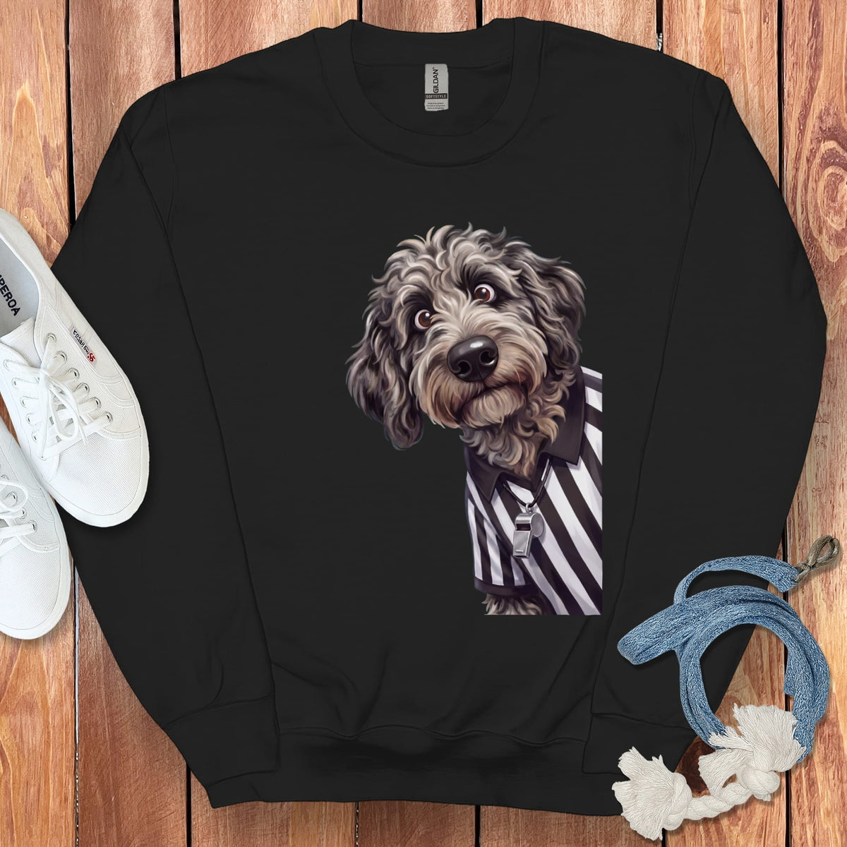 Merle Goldendoodle Football Referee Sweatshirt in Black / S by Puppy Jo