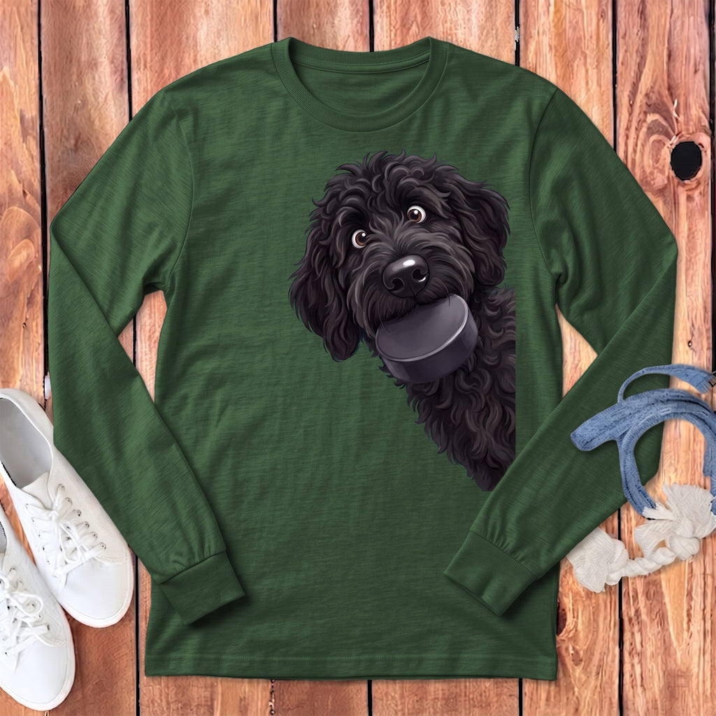 Black Goldendoodle Hockey Puck Long Sleeve T-Shirt in Heather Forest / S by Puppy Jo