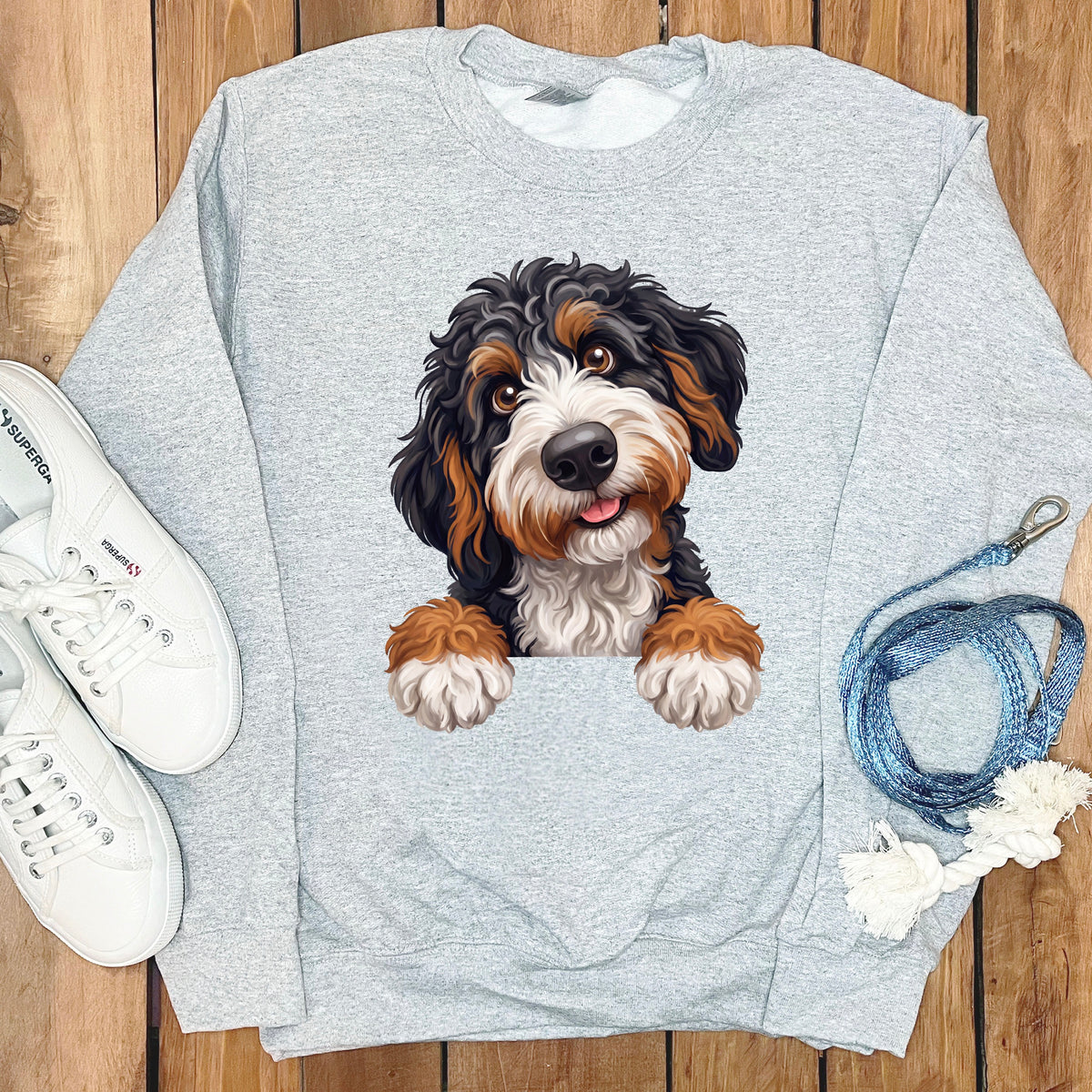 Light gray sweatshirt with a printed Bernese Mountain Dog puppy design.