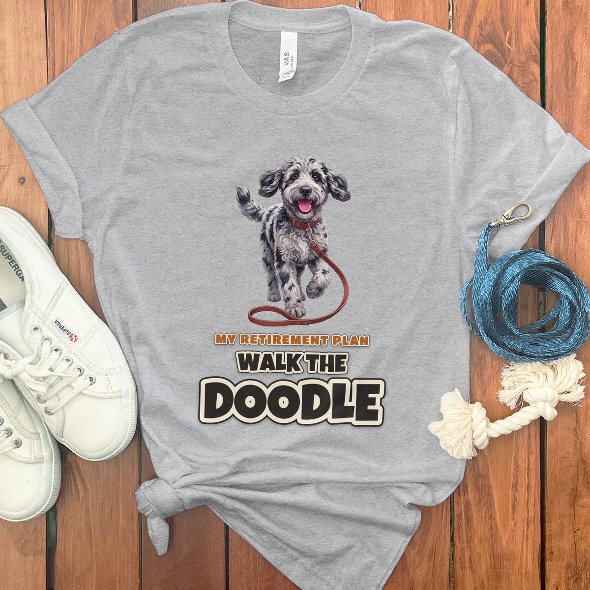 Grey t-shirt with a doodle dog graphic and "My Retirement Plan Walk the Doodle" text.