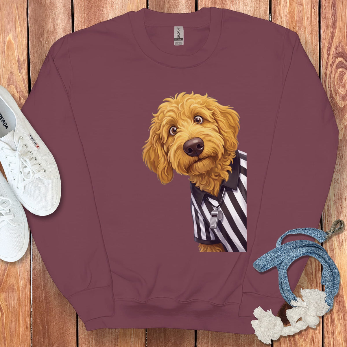 Golden Goldendoodle Football Referee Sweatshirt in Maroon / S by Puppy Jo