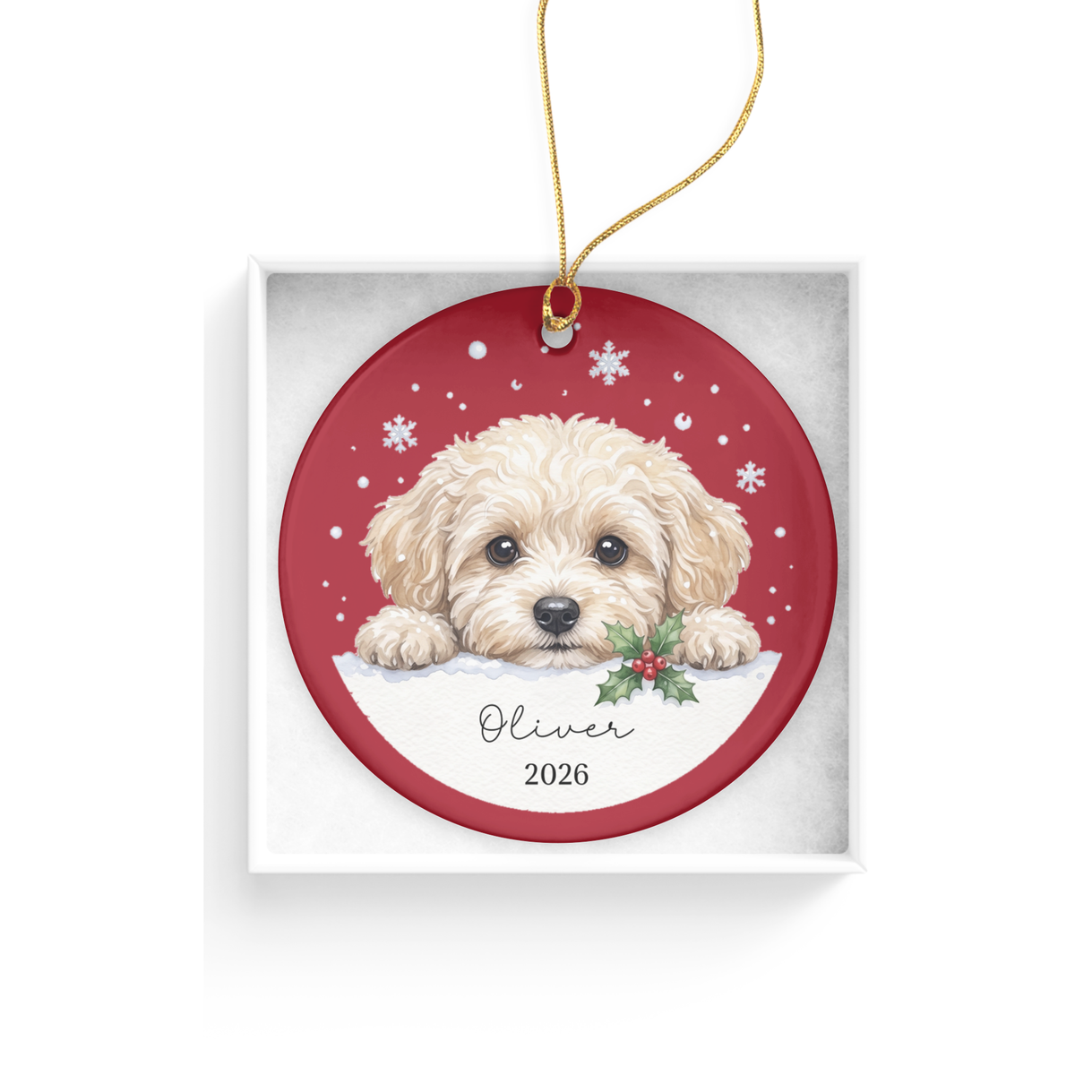 Peeking Snow Maltipoo Ornament