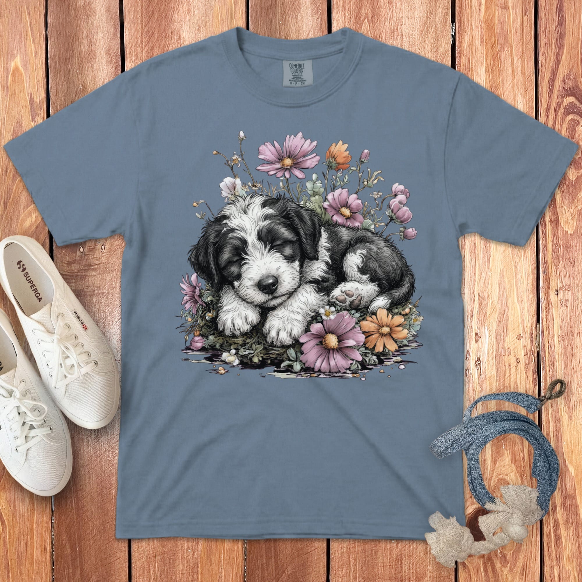 Sleeping puppy surrounded by colorful flowers on a blue t-shirt.