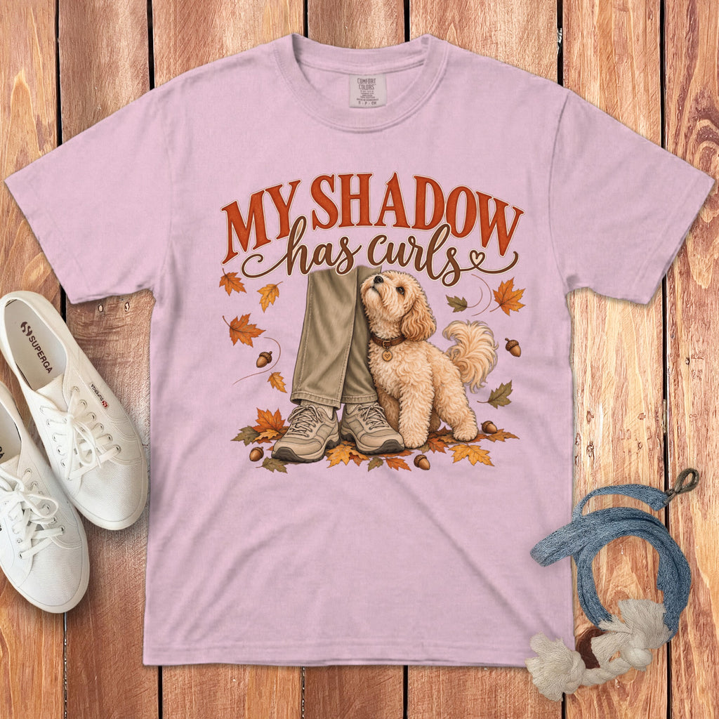 A light pink t-shirt with an illustration of a fluffy dog sitting beside someone's legs, surrounded by autumn leaves and acorns, and the text "MY SHADOW has curls".