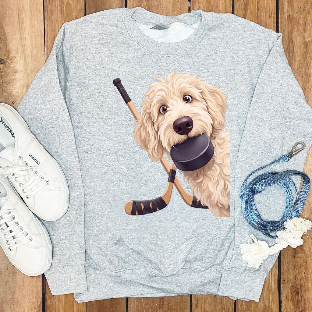 Cream Goldendoodle Hockey Sweatshirt in Sport Grey / S by Puppy Jo