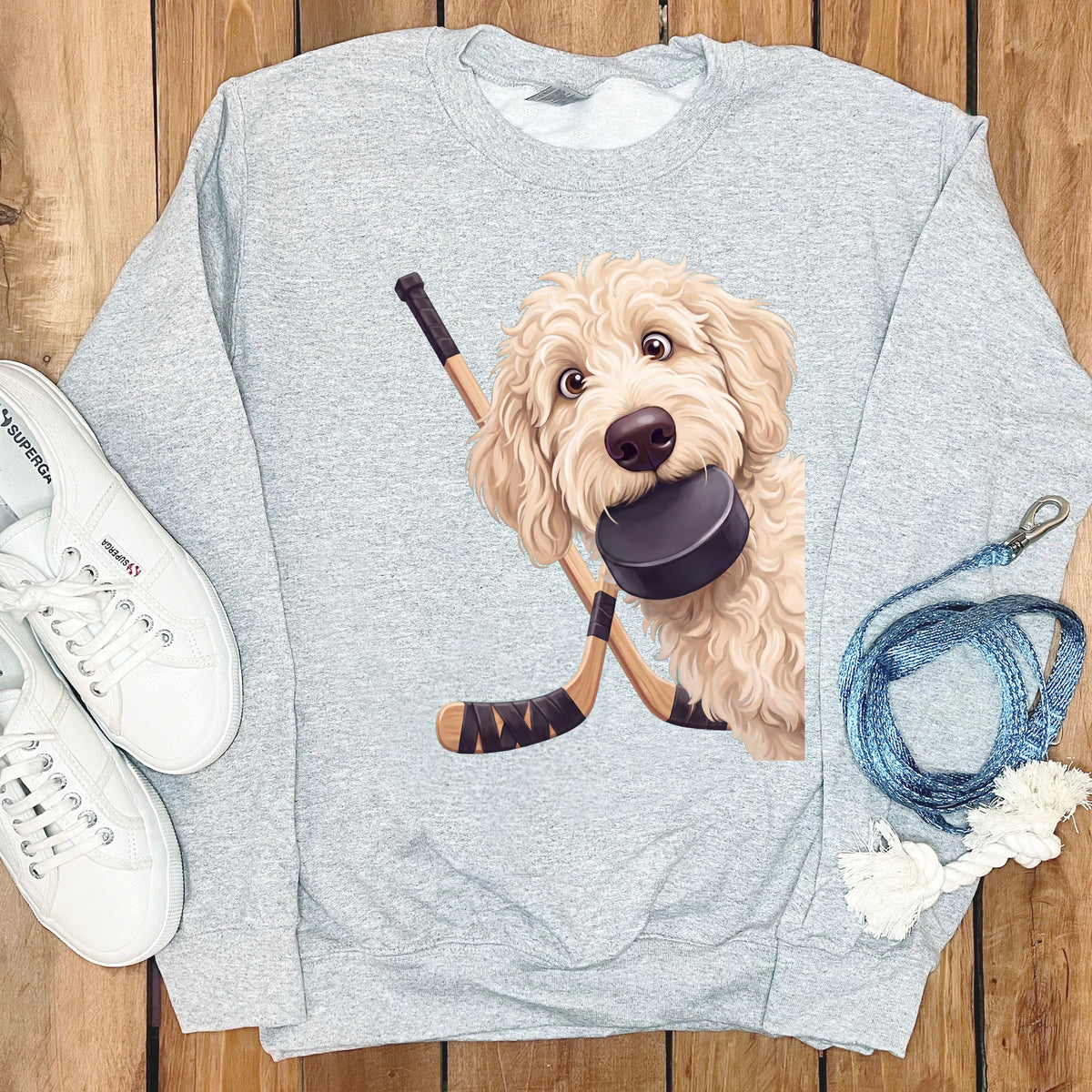 Cream Goldendoodle Hockey Sweatshirt in Sport Grey / S by Puppy Jo