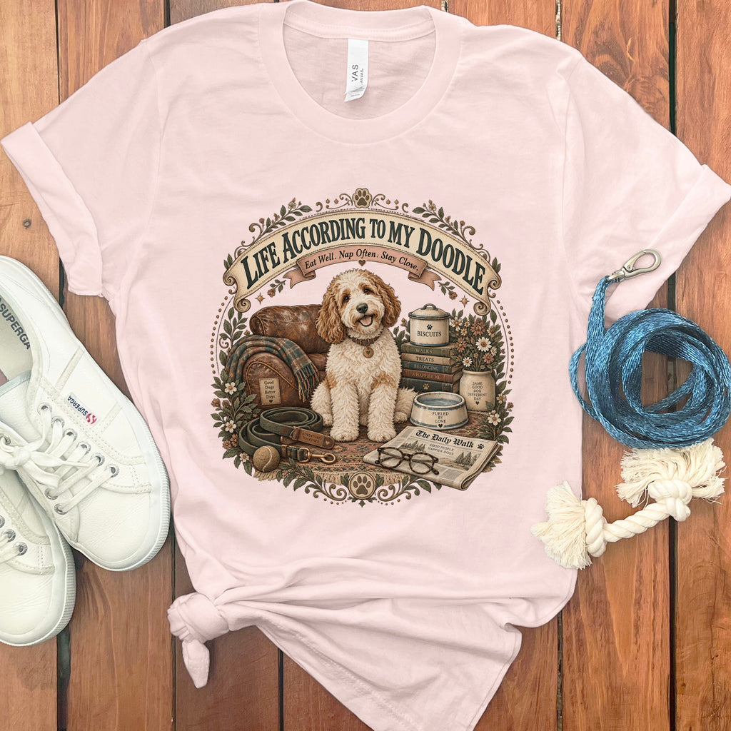 Pink t-shirt with doodle dog art and text "Life According to My Doodle".
