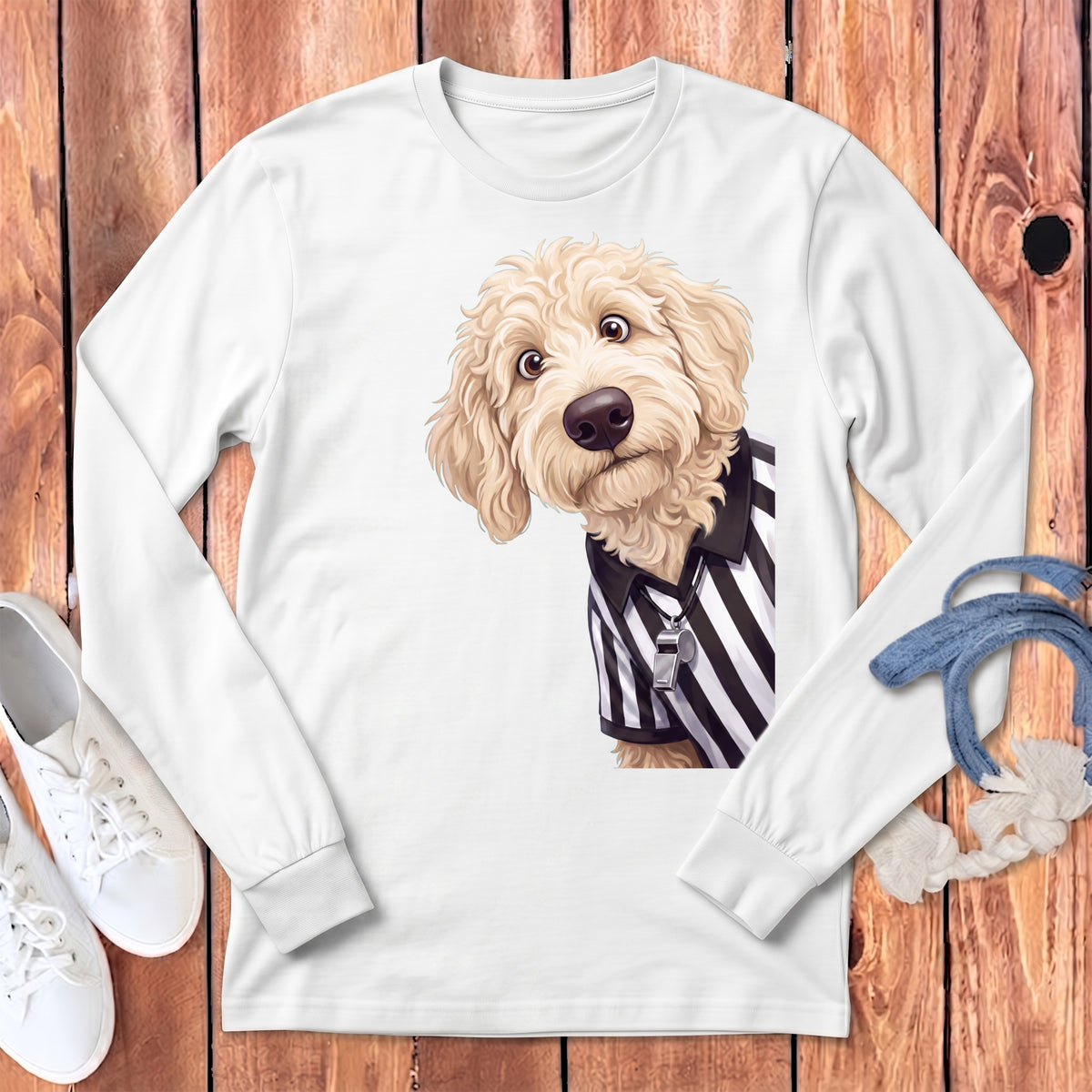 Goldendoodle dog wearing a black and white striped referee shirt with a whistle.