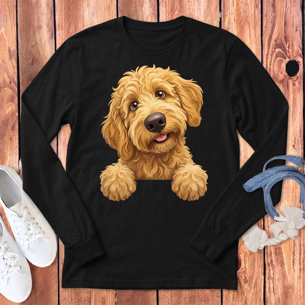 Black long-sleeve shirt with a cartoon goldendoodle dog graphic.