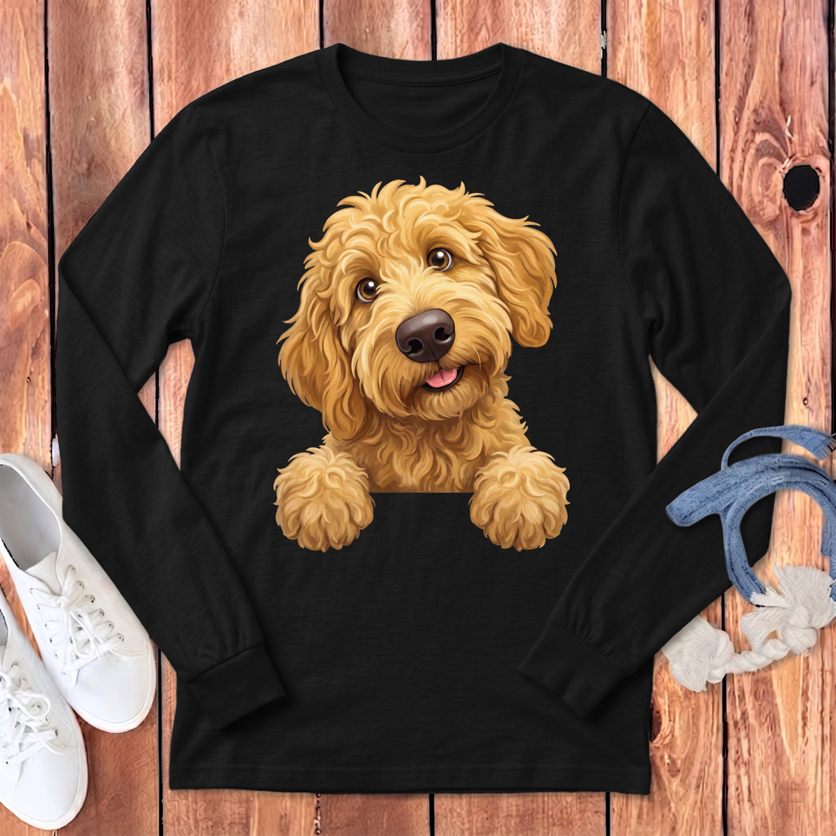 Black long-sleeve shirt with a cartoon goldendoodle dog graphic.