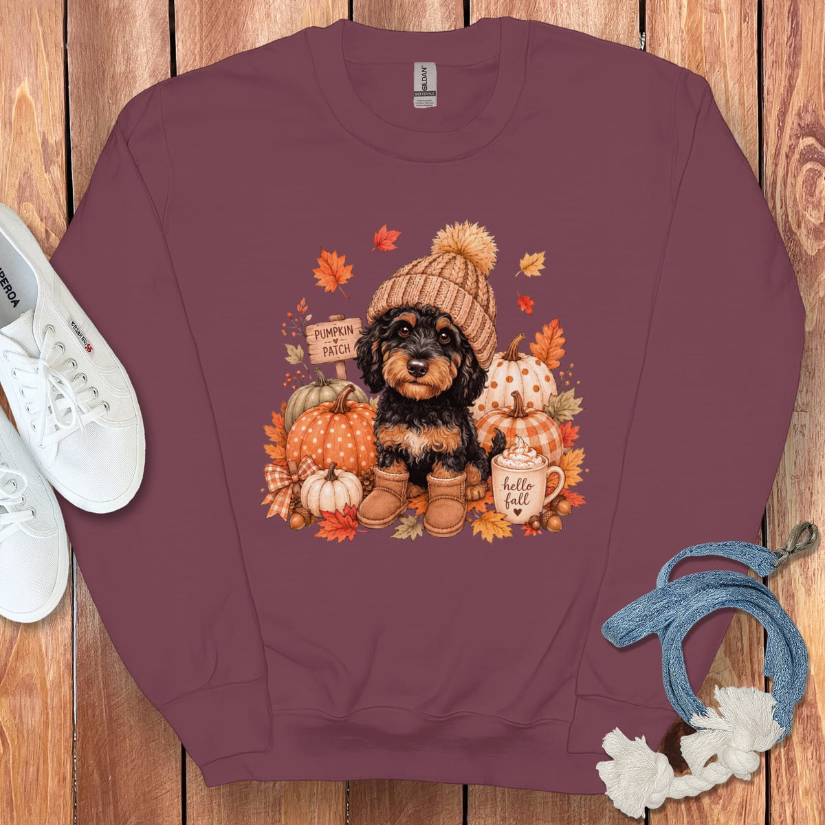 Phantom Goldendoodle Pumpkin Patch Sweatshirt in Maroon / S by Puppy Jo