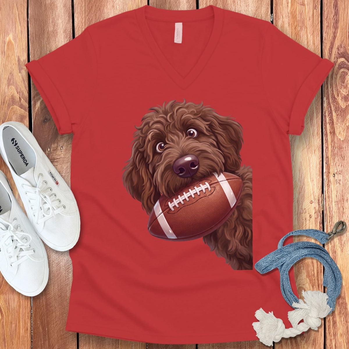 Chocolate Goldendoodle Football V-Neck T-Shirt in Red / S by Puppy Jo