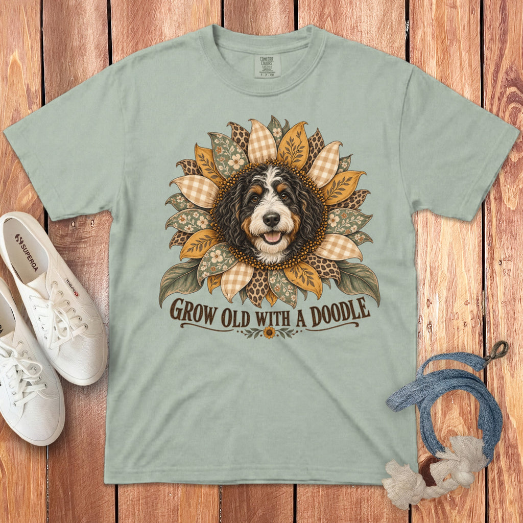 Sage green t-shirt featuring a bernedoodle face surrounded by patterned sunflower petals and the text Grow Old With A Doodle.