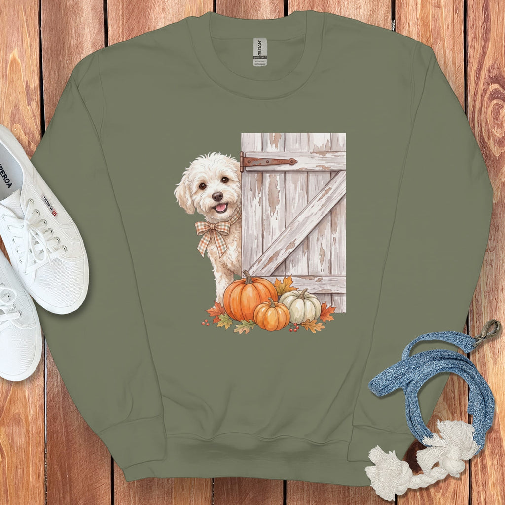 Maltipoo Barn Peeking Sweatshirt in Military Green / S by Puppy Jo
