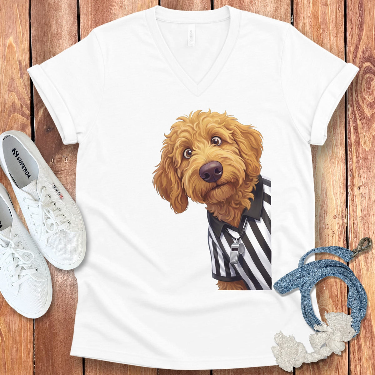 Apricot Goldendoodle Football Referee V-Neck T-Shirt in White / S by Puppy Jo