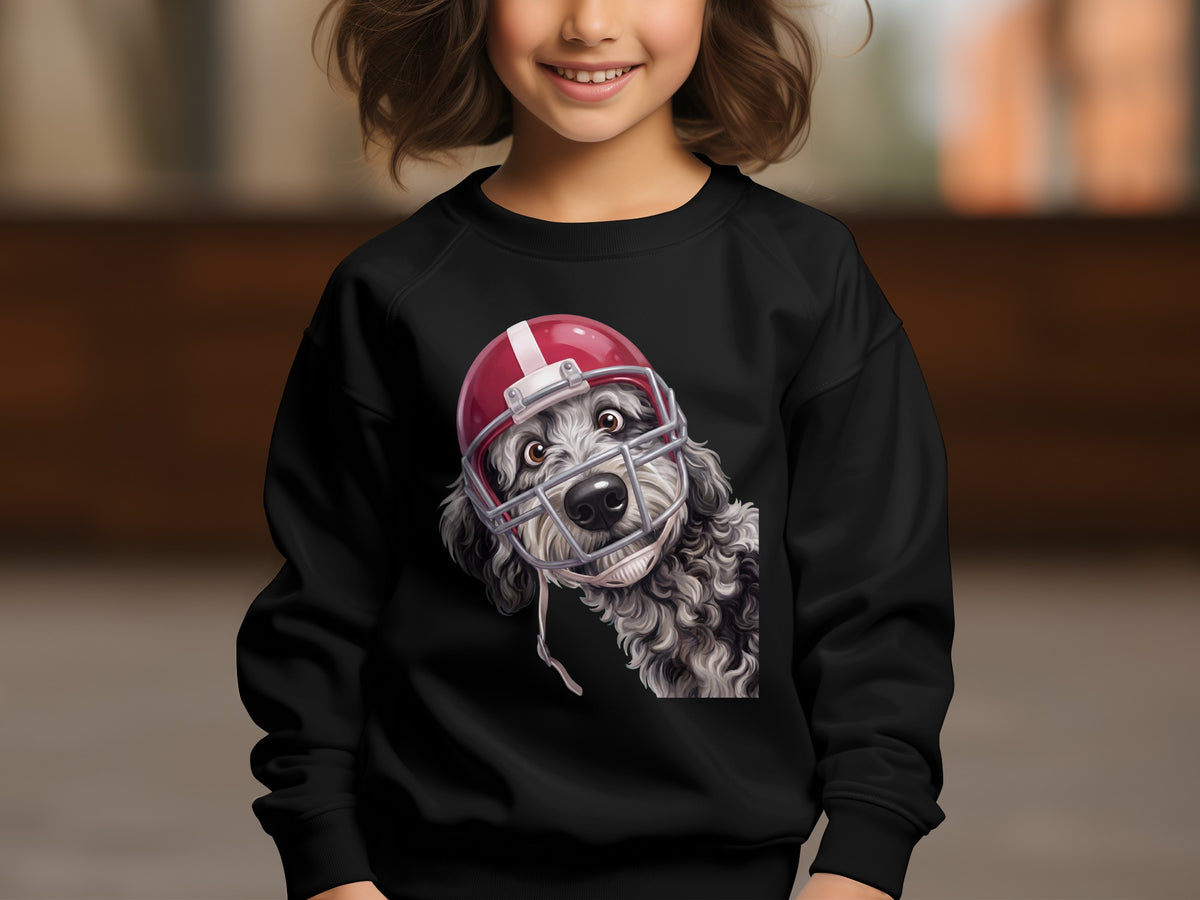 Black sweatshirt with a detailed illustration of a dog wearing a red football helmet.
