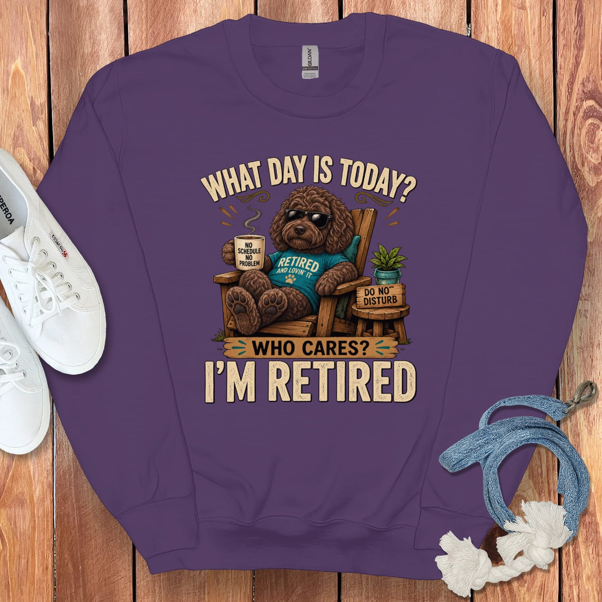 I'm Retired Chocolate Goldendoodle Sweatshirt in Purple / S by Puppy Jo