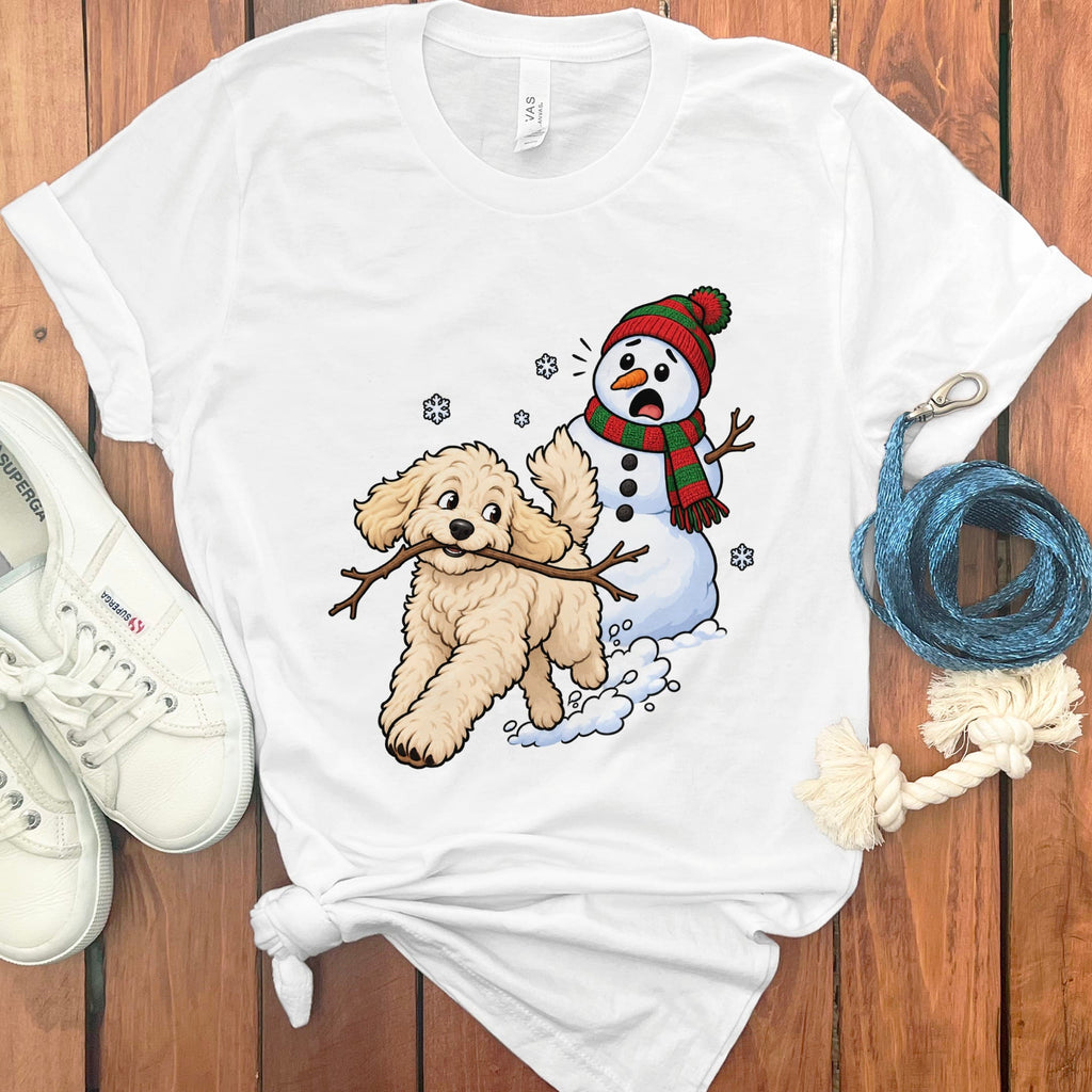 Cream Goldendoodle Snowman T-Shirt in White / S by Puppy Jo