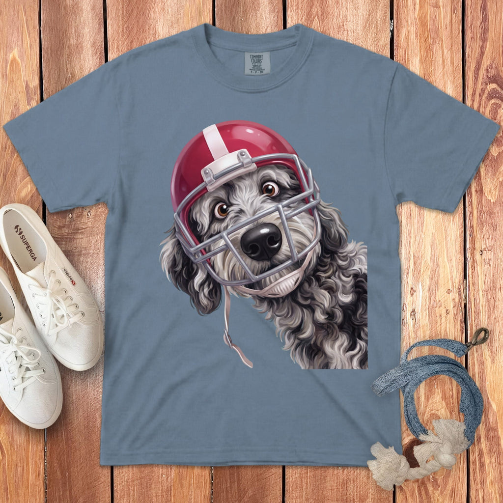 Merle Goldendoodle Football Helmet Signature T-Shirt in Blue Jean / S by Puppy Jo