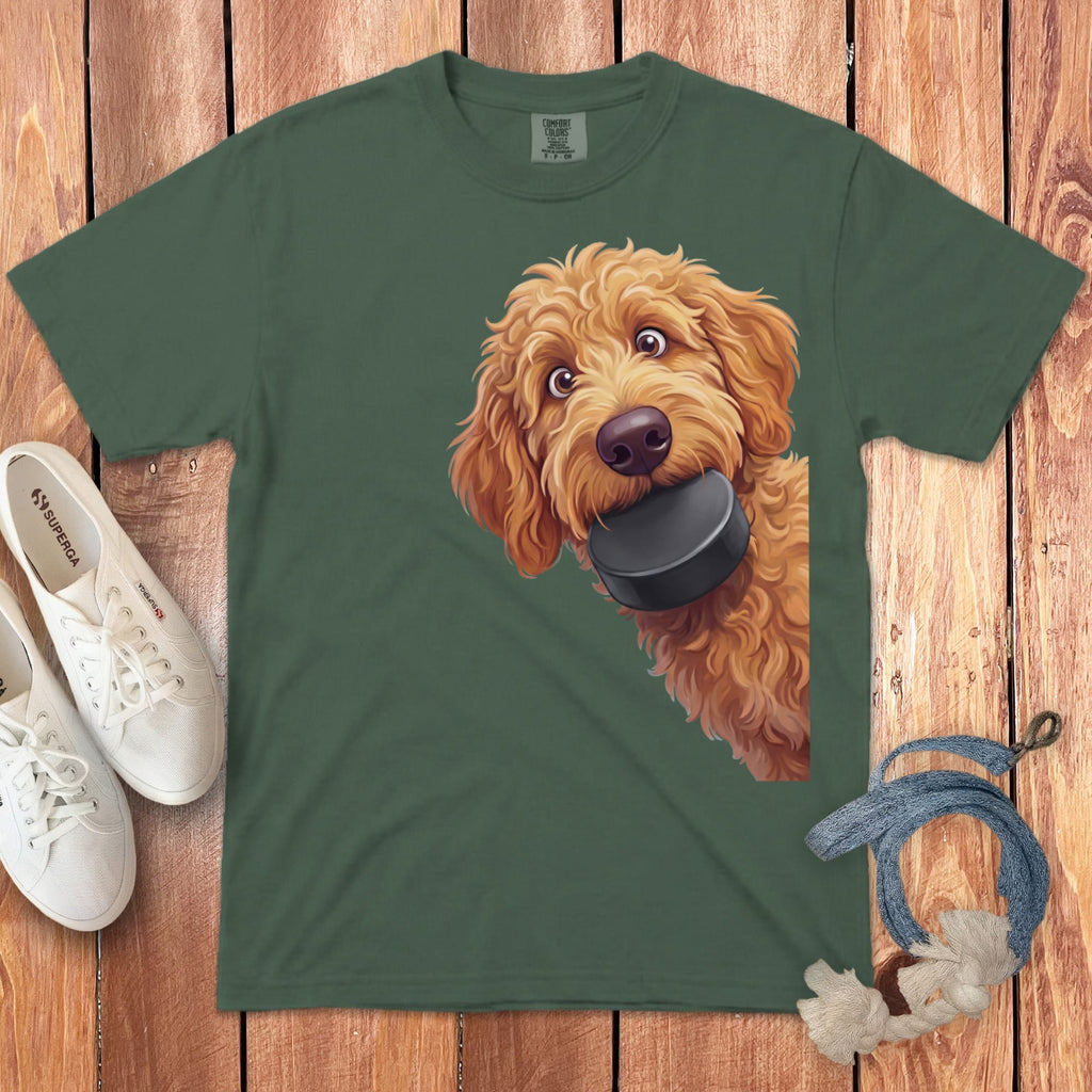 Apricot Goldendoodle Hockey Puck Signature T-Shirt in Blue Spruce / S by Puppy Jo