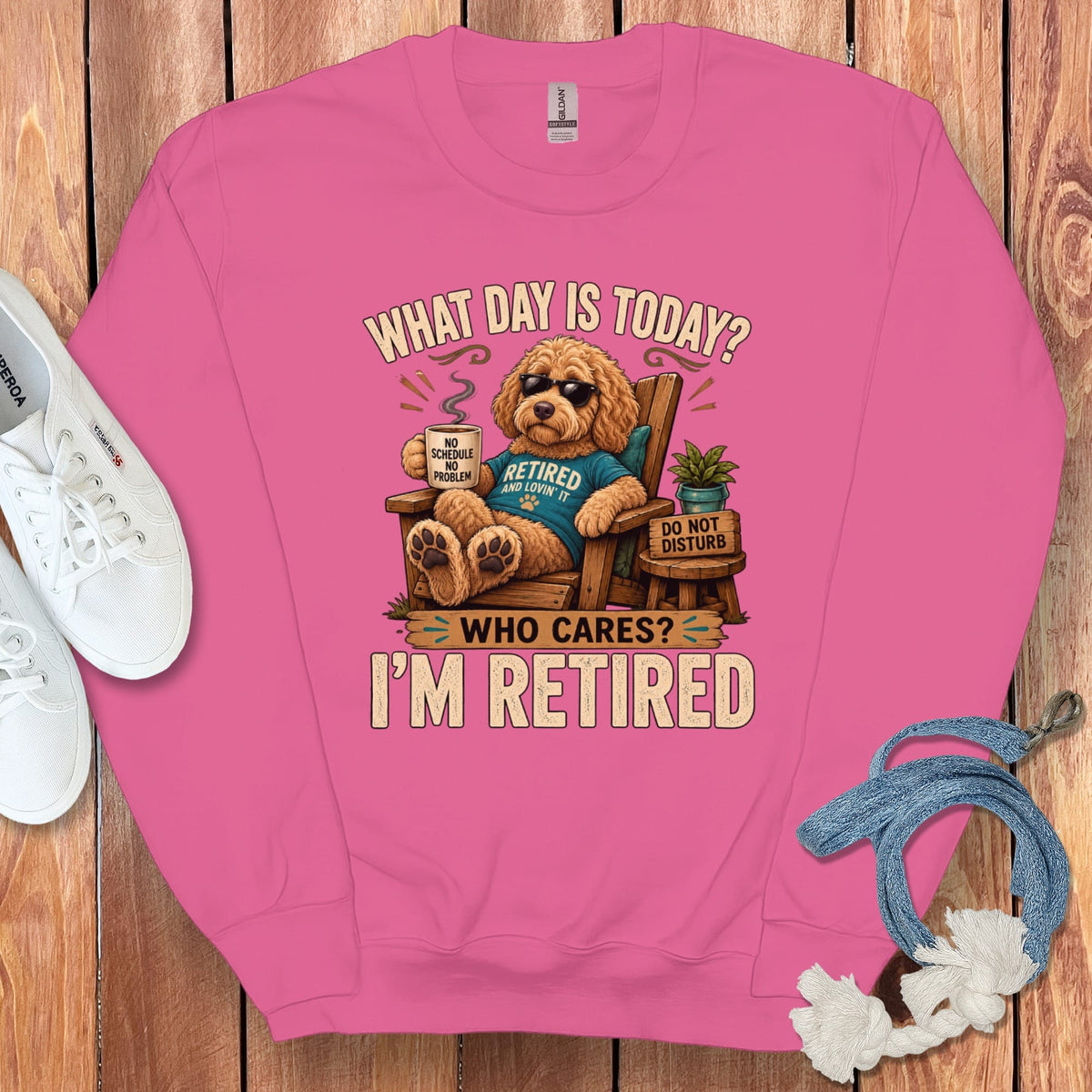 I'm Retired Apricot Goldendoodle Sweatshirt in Heliconia / S by Puppy Jo