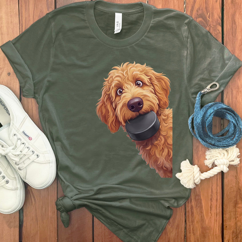 Apricot Goldendoodle Hockey Puck T-Shirt in Military Green / S by Puppy Jo