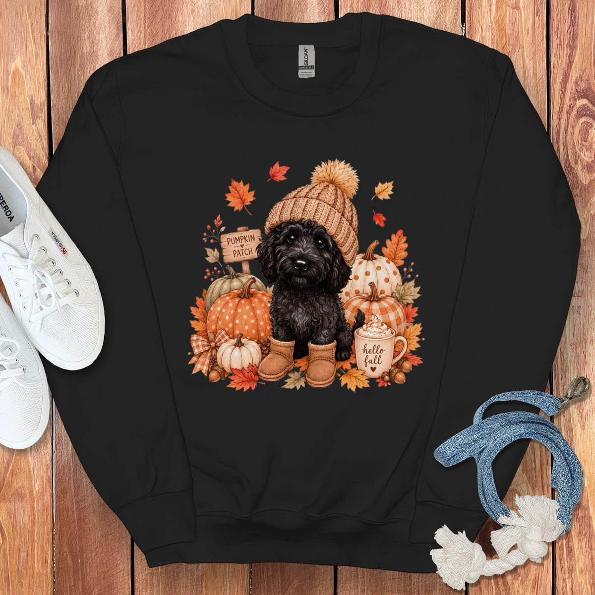 Black Goldendoodle Pumpkin Patch Sweatshirt in Black / S by Puppy Jo