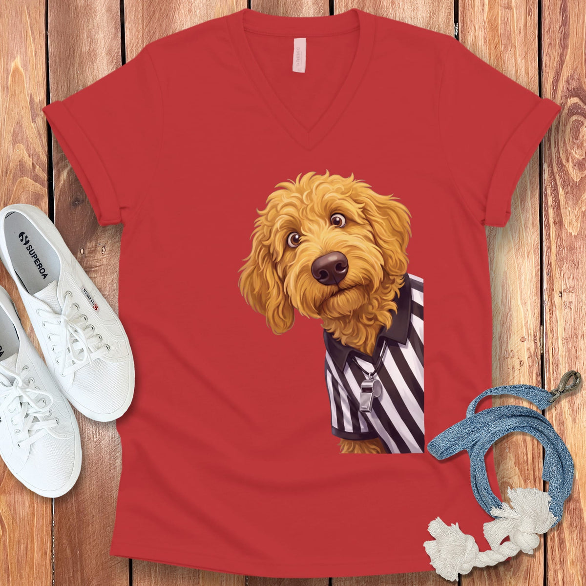 Golden Goldendoodle Football Referee V-Neck T-Shirt in Red / S by Puppy Jo