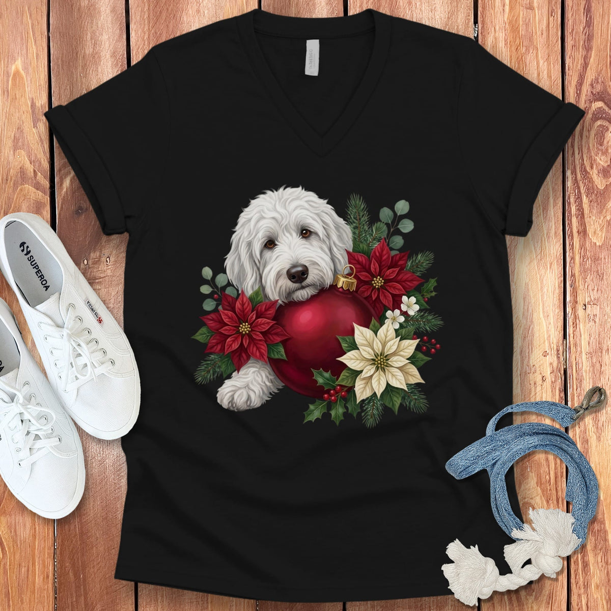 Maltipoo Holiday Cheer V-Neck T-Shirt in Black / S by Puppy Jo