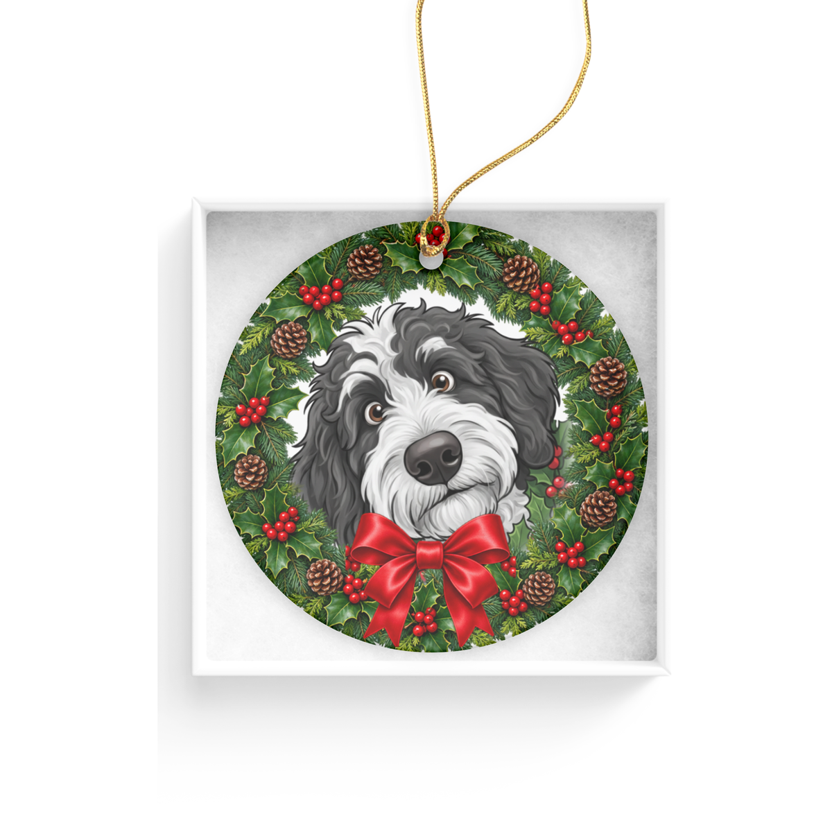 Peeking Holly Sheepadoodle Ornament