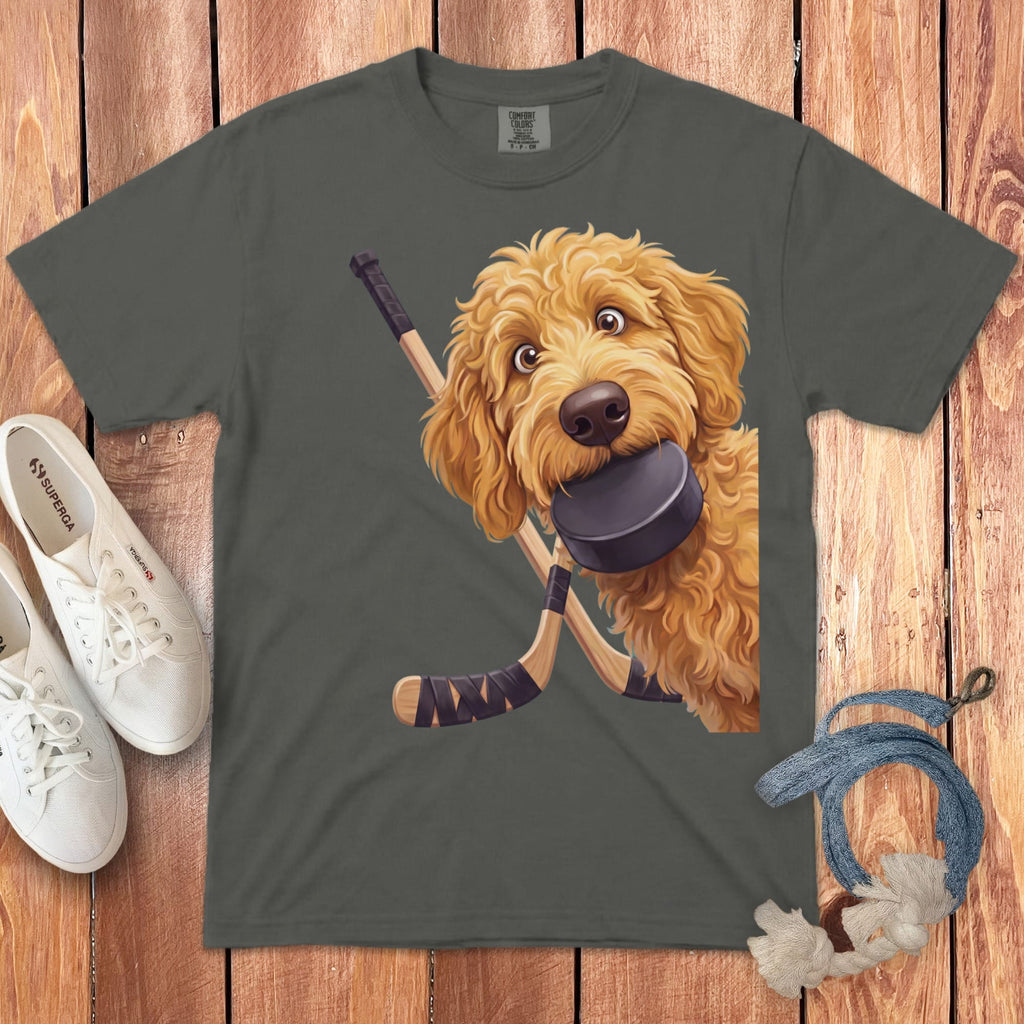Golden Goldendoodle Hockey Signature T-Shirt in Pepper / S by Puppy Jo