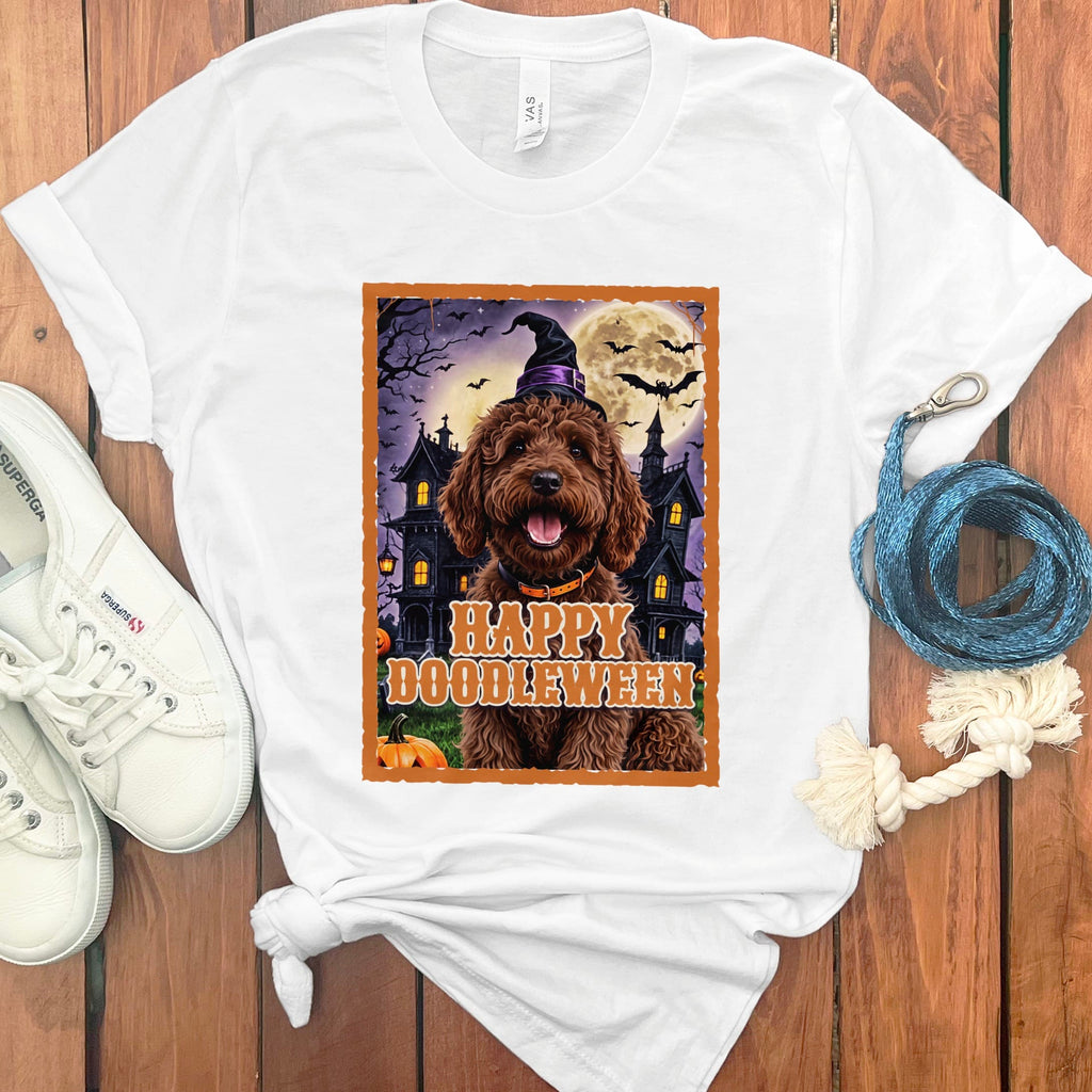 Chocolate Goldendoodle Happy Doodleween T-Shirt in White / M by Puppy Jo