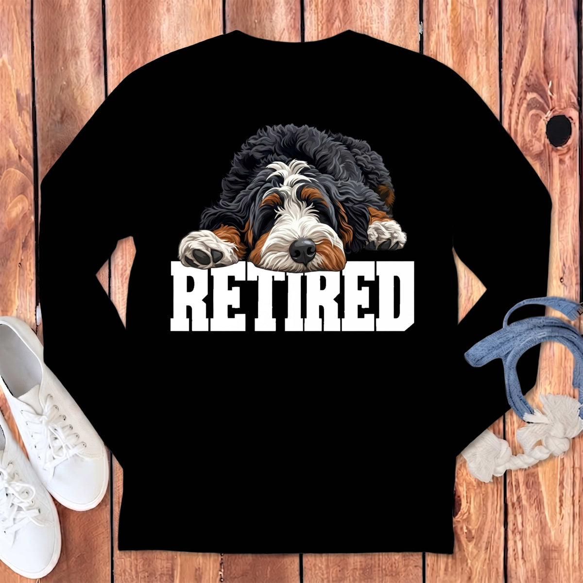 Retired Sleeping Bernedoodle Long Sleeve T-Shirt in Black / S by Puppy Jo