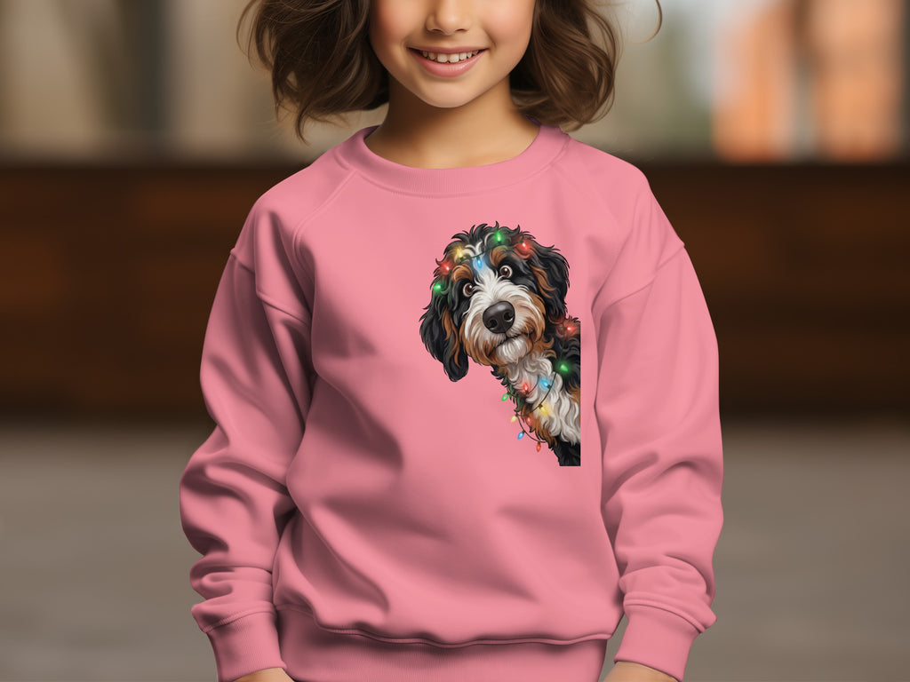 Pink sweatshirt featuring a Bernese Mountain Dog wearing colorful Christmas lights.