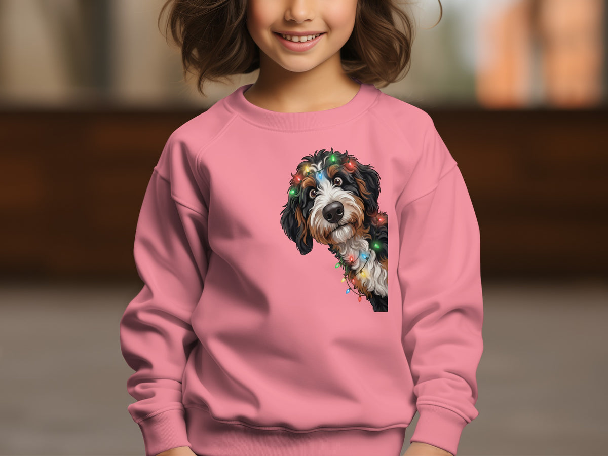 Pink sweatshirt featuring a Bernese Mountain Dog wearing colorful Christmas lights.