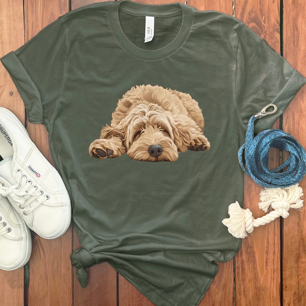 Golden Goldendoodle Snoozing T-Shirt in Military Green / S by Puppy Jo