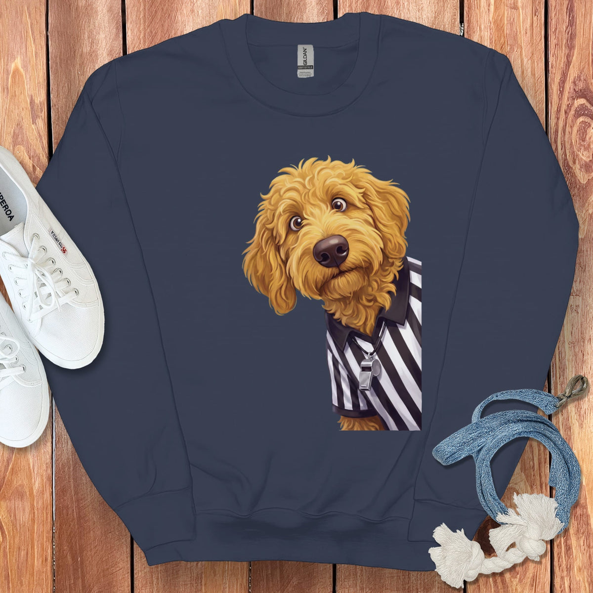 Golden Goldendoodle Football Referee Sweatshirt in Navy / S by Puppy Jo