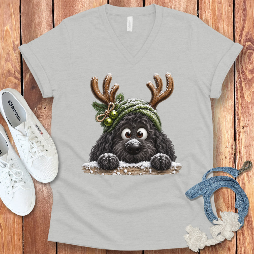 Light grey V-neck t-shirt with a black shaggy dog wearing reindeer antlers and a green hat.