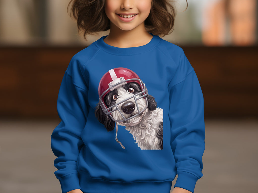 Black and white dog wearing a red football helmet on a blue sweatshirt.