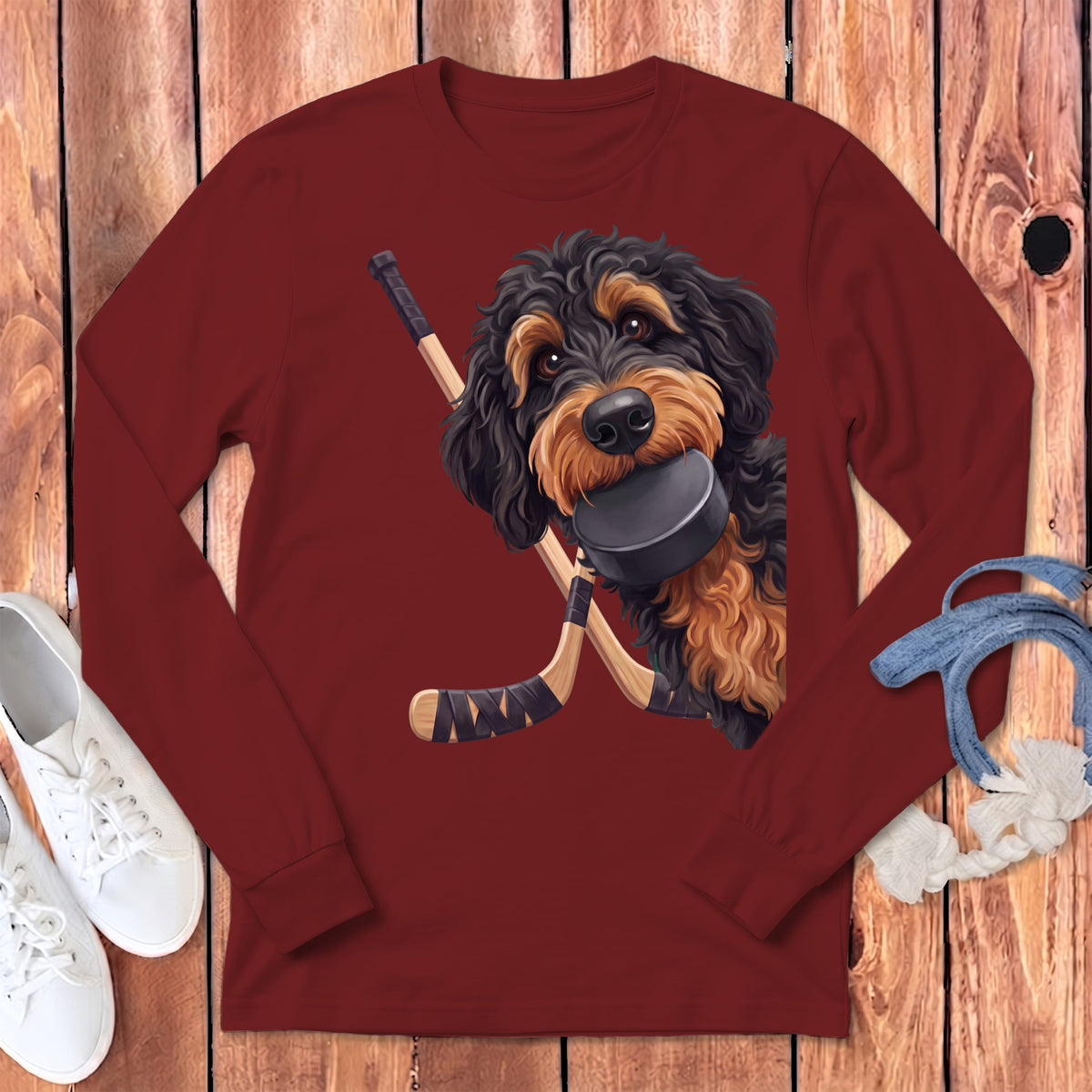 Phantom Goldendoodle Hockey Long Sleeve T-Shirt in Cardinal / S by Puppy Jo