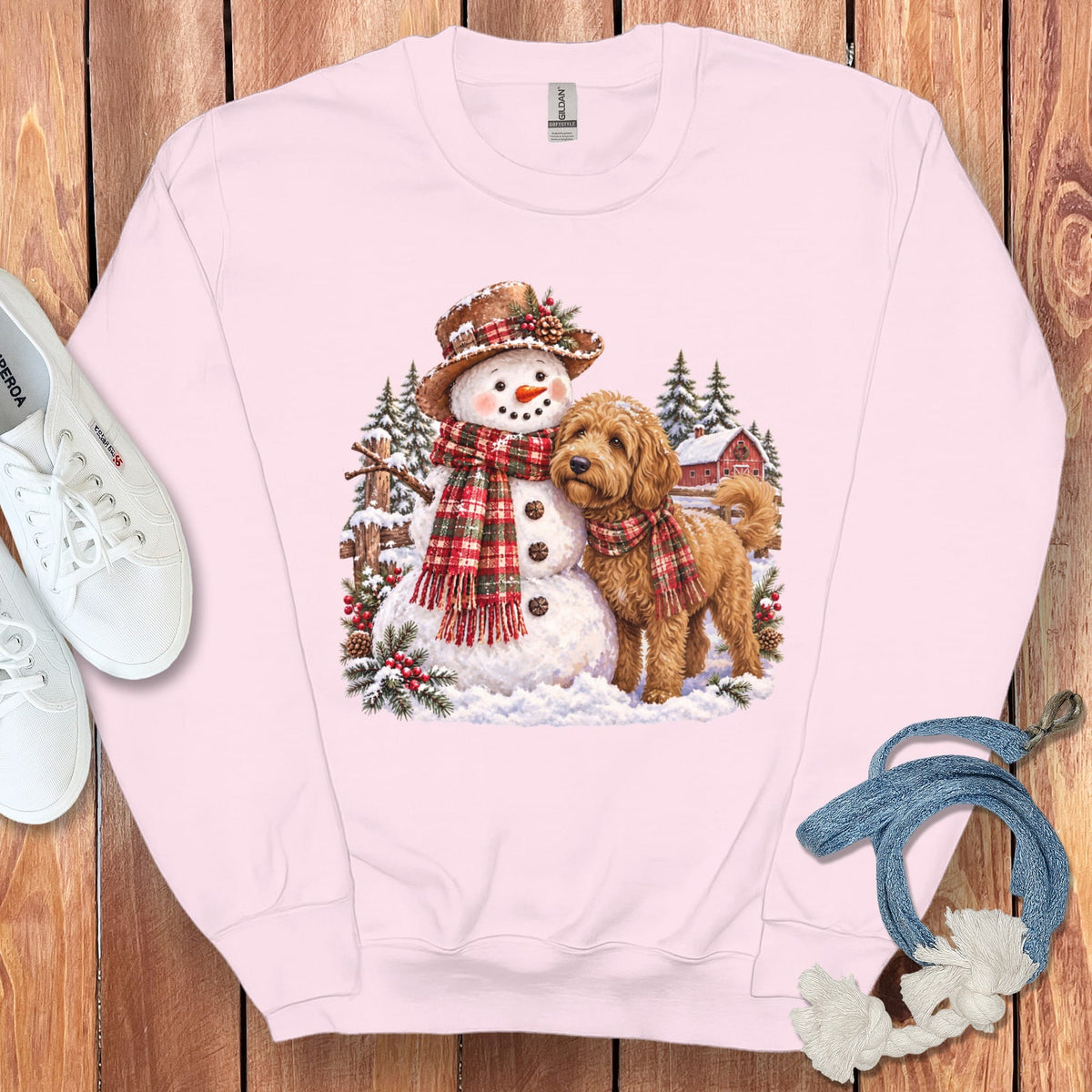 Apricot Goldendoodle Christmas Snowman Sweatshirt in Light Pink / S by Puppy Jo