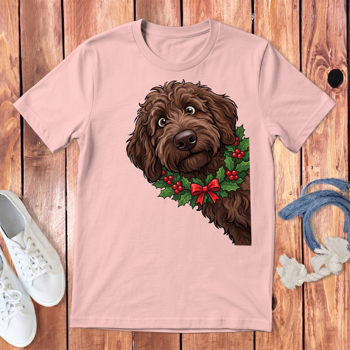 Pink t-shirt with a cartoon brown doodle dog wearing a holly wreath with red bow.