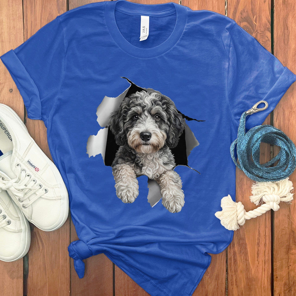 Cute Puppy Peeking Through Shirt Hole Blue T-Shirt