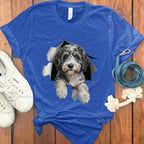 Cute Puppy Peeking Through Shirt Hole Blue T-Shirt