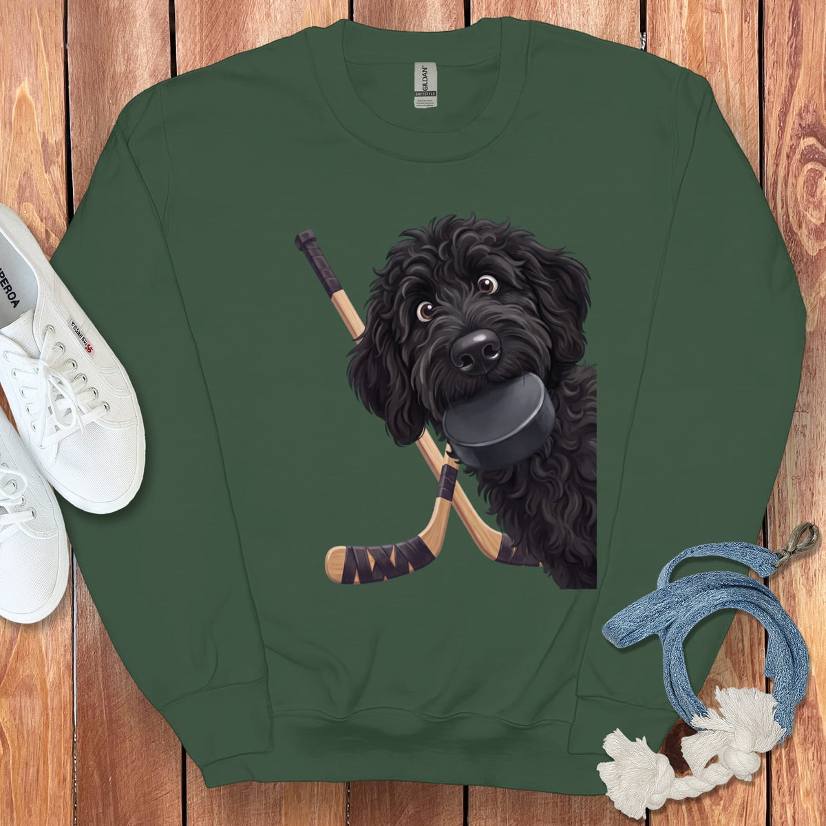Black Goldendoodle Hockey Sweatshirt in Forest Green / S by Puppy Jo