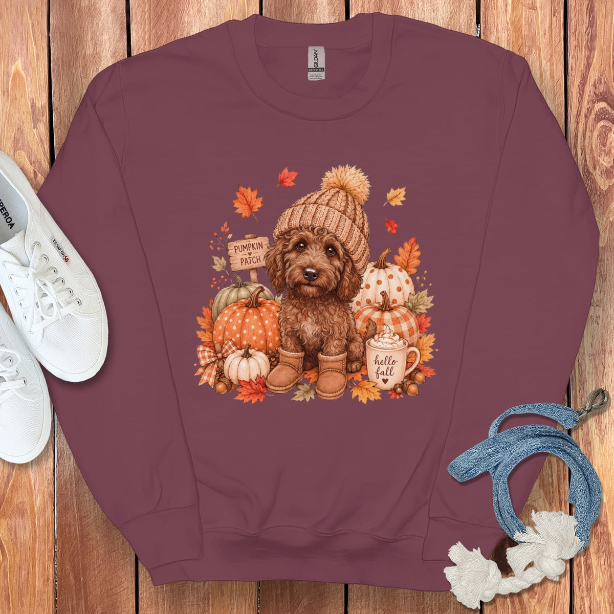 Chocolate Goldendoodle Pumpkin Patch Sweatshirt in Maroon / S by Puppy Jo