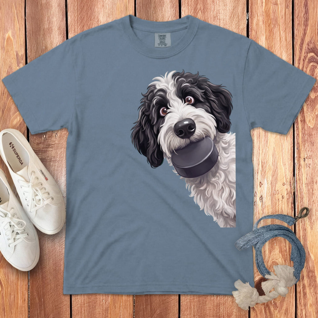 Sheepadoodle Hockey Puck Signature T-Shirt in Blue Jean / S by Puppy Jo