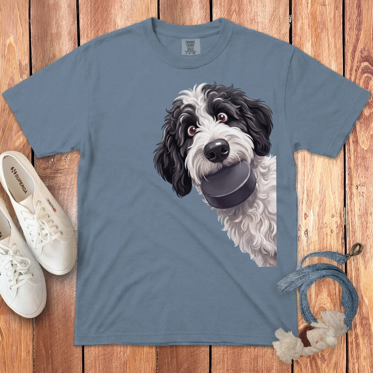Sheepadoodle Hockey Puck Signature T-Shirt in Blue Jean / S by Puppy Jo