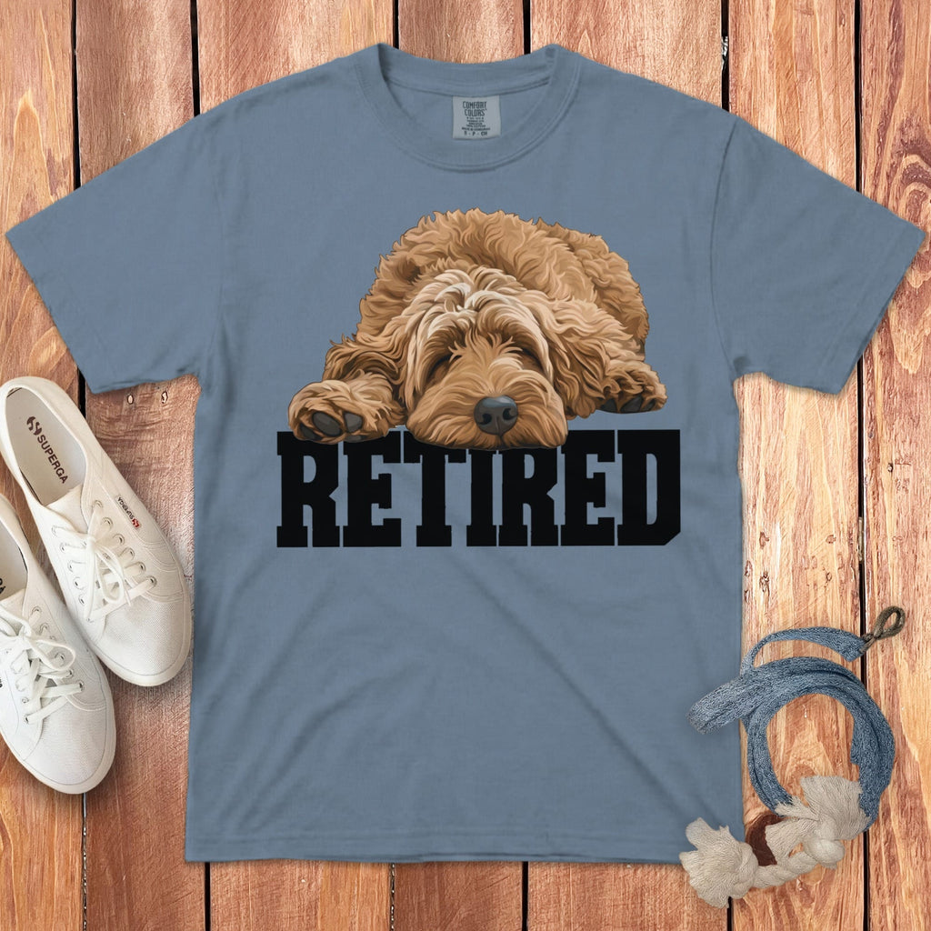 Retired Sleeping Apricot Goldendoodle Signature T-Shirt in Blue Jean / S by Puppy Jo