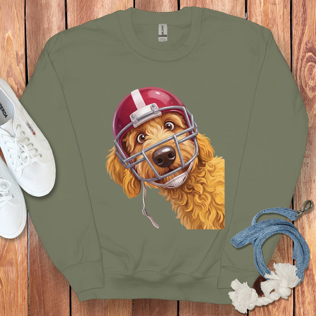 Golden Goldendoodle Football Helmet Sweatshirt in Military Green / S by Puppy Jo